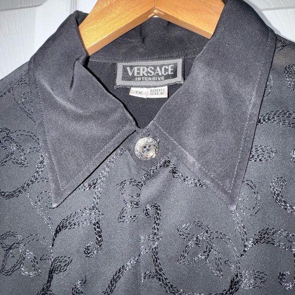 Versace Intensive Black Silk Jacquard Vintage Shirt Medusa Buttons Size 1X Y2K - Picture 9 of 14